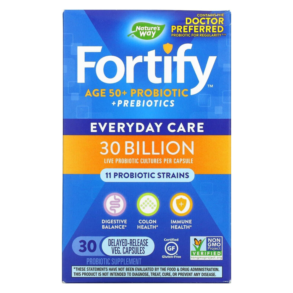 Nature's Way Fortify Age 50+ Probiotic + Prebiotics, 30 Delayed-Release Vegetarian Capsules - 30 Billion Live Cultures, 11 Probiotic Strains