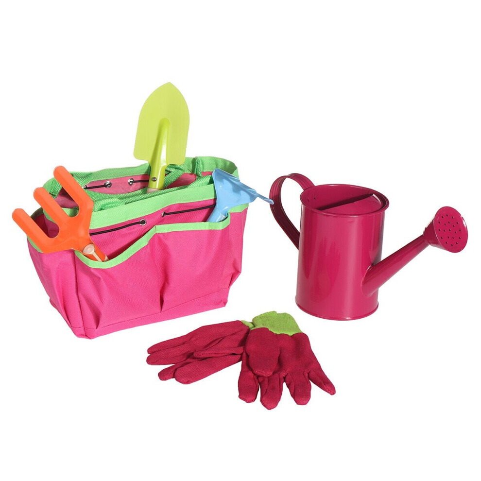 (Red) 6Pcs Kids Gardening Tools Children Shovel Spade Fork Set Tote Bag Garden Yard