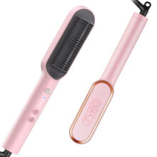 TYMO Ring Pink Hair Straightener Brush  Hair Straightening Iron with Built-in Comb, 20s Fast Heating & 5 Temp Settings & Anti-Scald, Perfect for