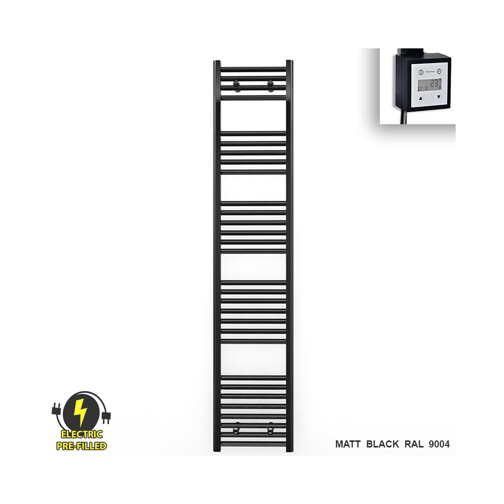 (300 X 1700 (Btu: 2120), With Ktx3 Thermostatic Element + Timer) 300Mm Wide Black Electric Towel Rail With Thermostatic Element 5056616507384