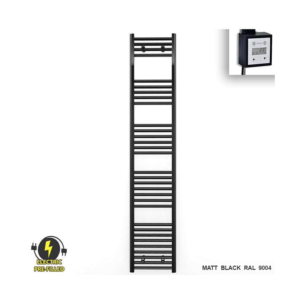 (450 X 1800 (Btu: 2704), With Ktx3 Thermostatic Element + Timer) 450Mm Wide Black Electric Towel Rail With Thermostatic Element 5056616508329