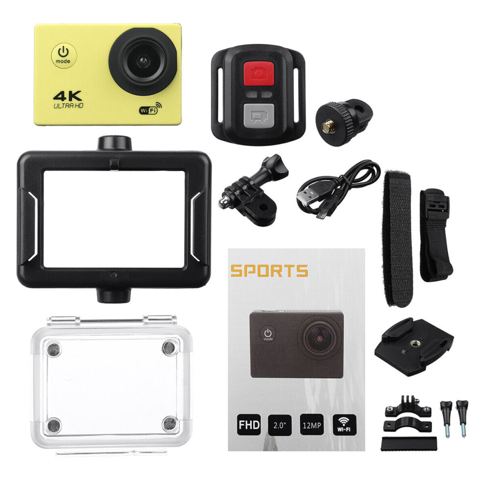 (Yellow) Action Camera 4K @30fps Ultra HD 16MP WiFi Camcorder Wireless Cam IPX8 Waterproof Underwater Remote