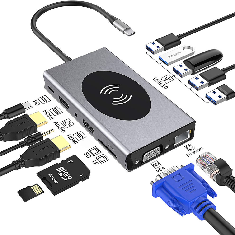 14 In 1 Triple Display USB-C Hub Docking Station Adapter With 5 * USB 3.0 10W Wireless Charger 100W Type-C PD Dual HDMI 4K HD Display VGA