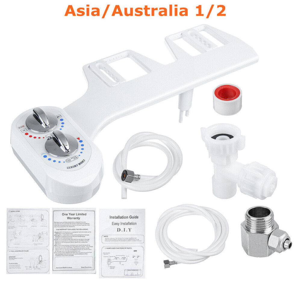 (Asia/Australia 1/2) Toilet Seat Attachment Water Spray Non-electric Cold/Hot Adjustable Dual Nozzle