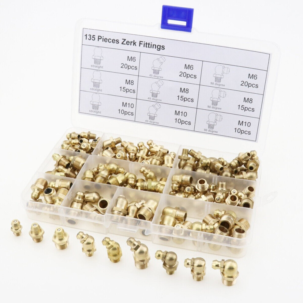 135Pcs Hydraulic Metric Brass Zerk Grease Nipple Fitting Kit Machinery Parts 3654659394583