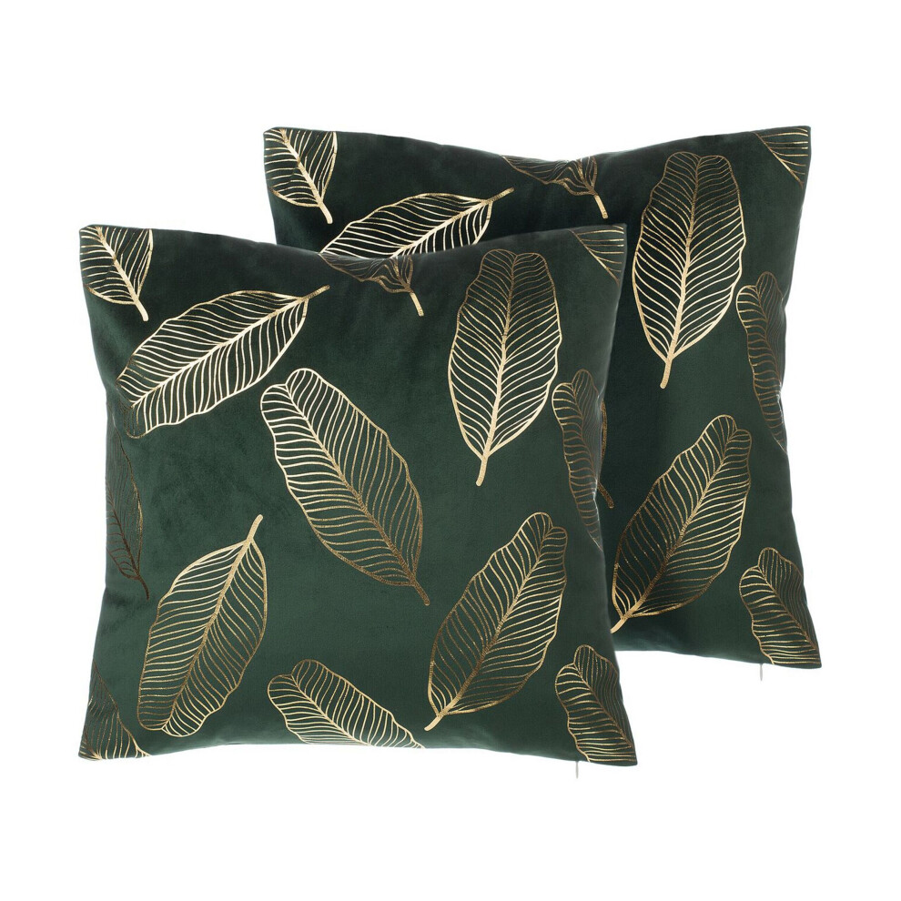 Set of 2 Velvet Cushions Leaf Pattern 45 x 45 cm Emerald Green FREESIA