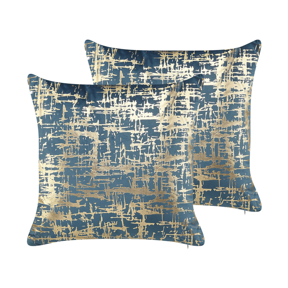 Set of 2 Cushions Crackle Pattern 45 x 45 cm Blue and Gold GARDENIA