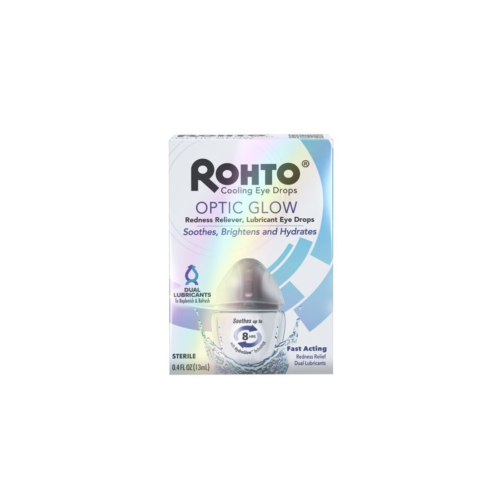 Rohto Optic Glow Cooling Eye Drops - Redness Relief, Brightens & Lubricates, 0.4 fl oz, BAK-Free, Soothes Up to 8 Hours