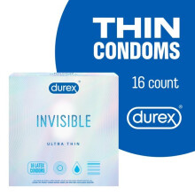 Durex Invisible Condoms, Ultra Thin, Ultra Sensitive Natural Rubber Latex Condoms for Men, 16 Count