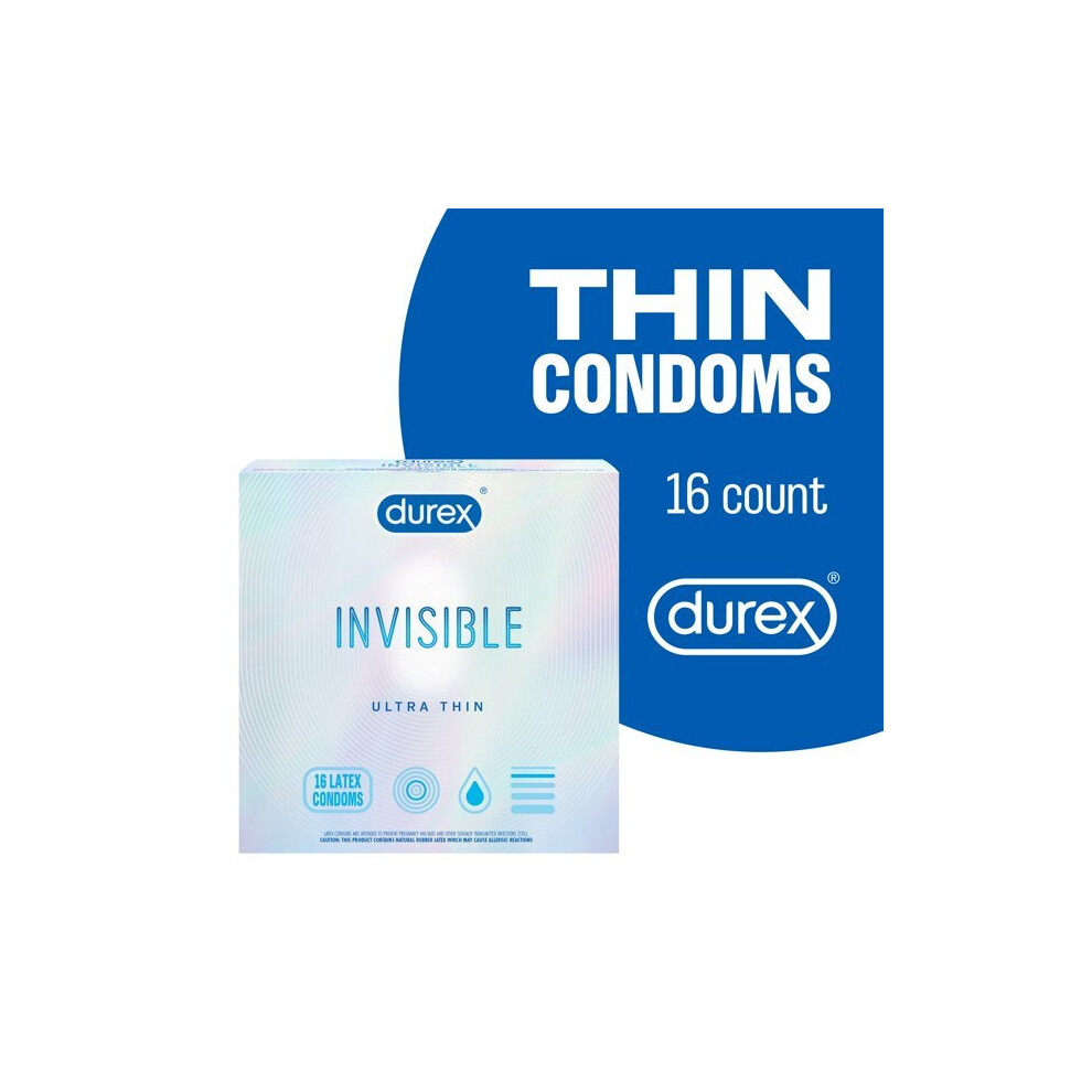 Durex Invisible Condoms, Ultra Thin, Ultra Sensitive Natural Rubber Latex Condoms For Men, 16 Count