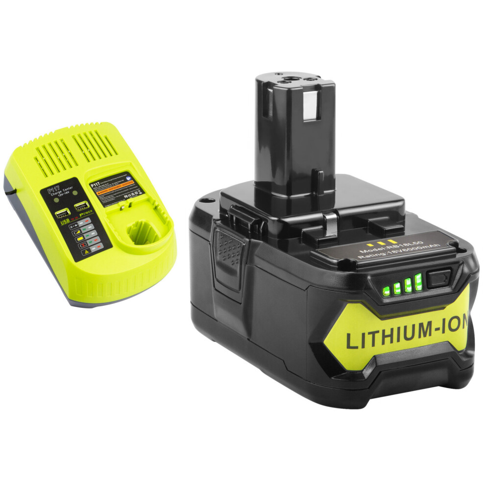 (1xBattery& 1xCharger) 6.0Ah Replacement for Ryobi 18V Lithium Battery for Ryobi 18V P104 with Replacement P117 for Ryobi Charger for Ryobi 18v Batteries