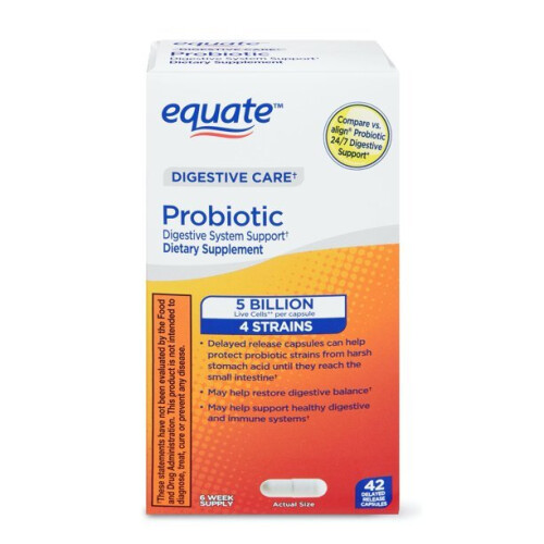 Equate Digestive Care Probiotic Digestive System Support Delayed Release Capsules, 42 Count
