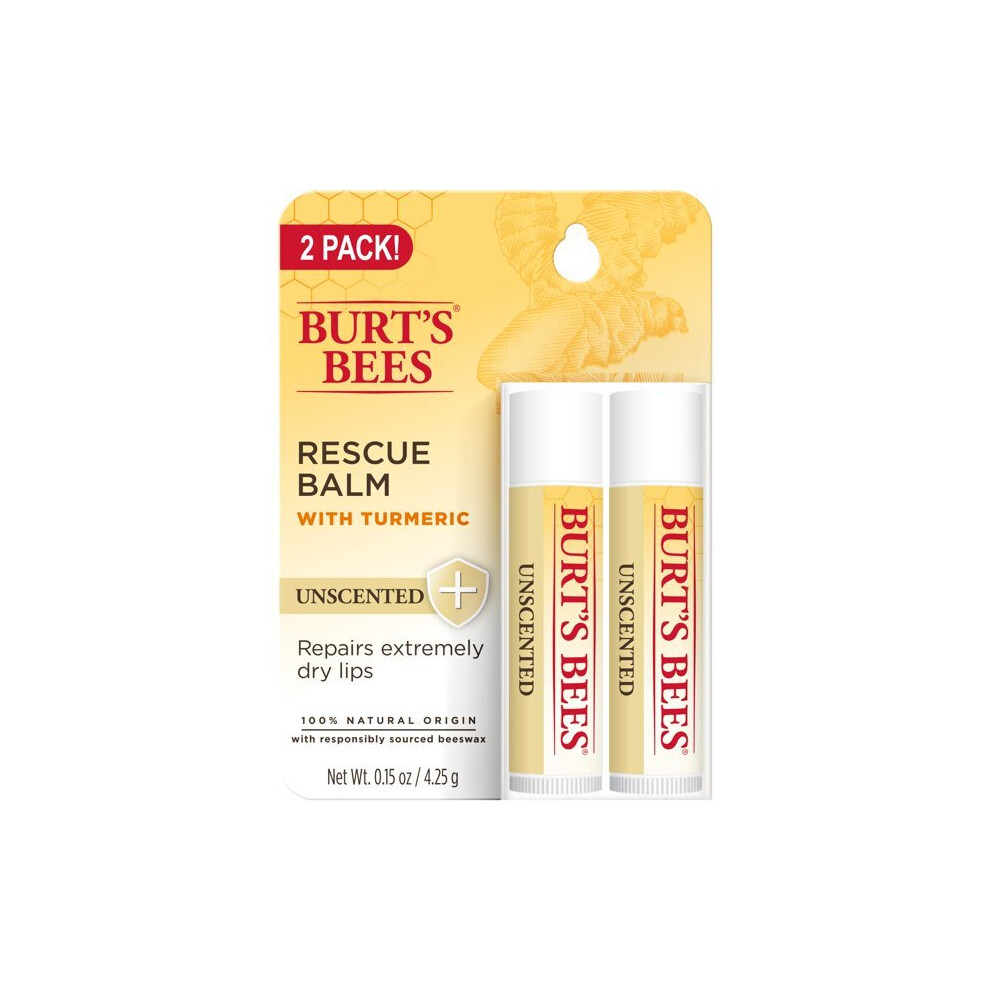 Burt's Bees 100% Natural Origin Rescue Lip Balm With Beeswax and Antioxidant-Rich Turmeric, Unscented, 2 Tubes in Blister Box