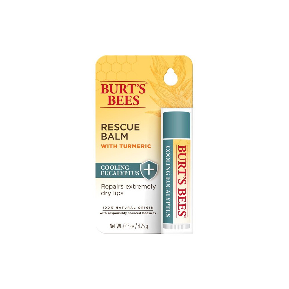 Burt's Bees 100% Natural Origin Rescue Lip Balm With Beeswax and Antioxidant-Rich Turmeric, Cooling Eucalyptus, 1 Tube