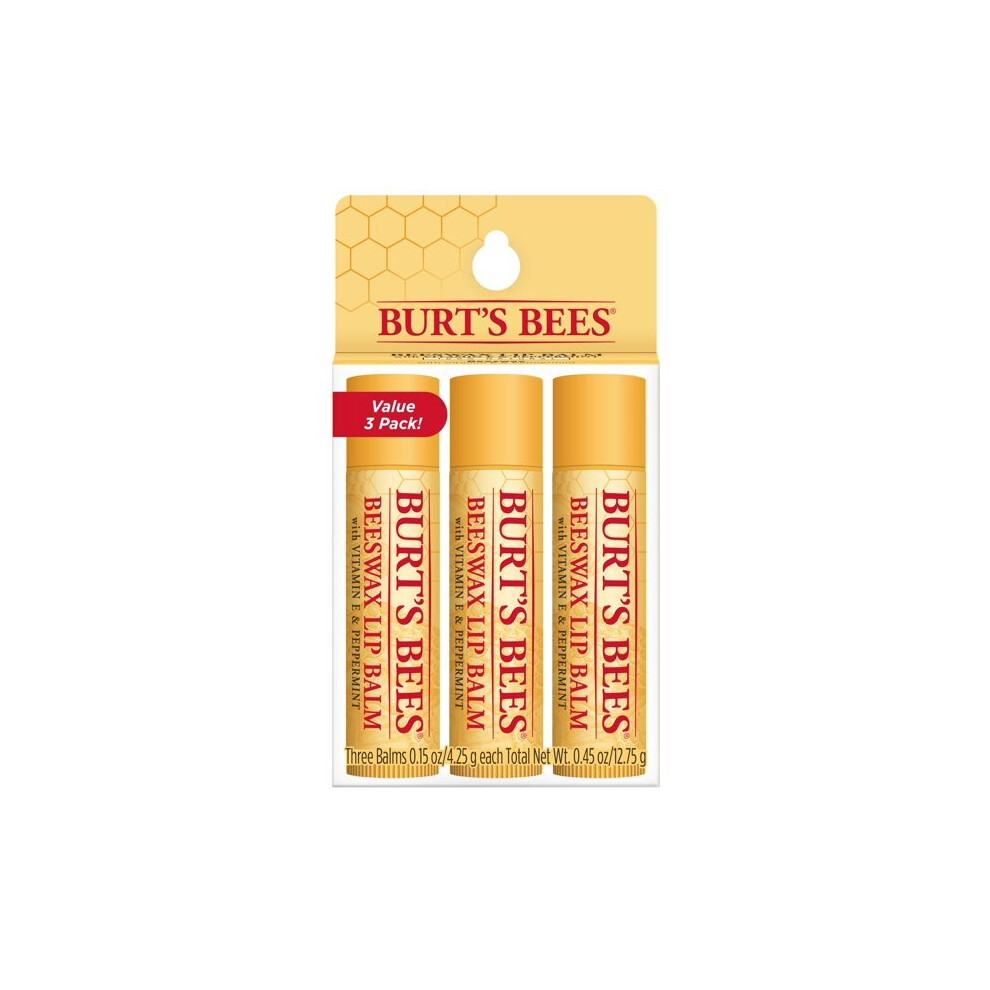 Burt's Bees 100% Natural Origin Moisturizing Lip Balm, Original Beeswax with Vitamin E & Peppermint Oil, 3 Tubes