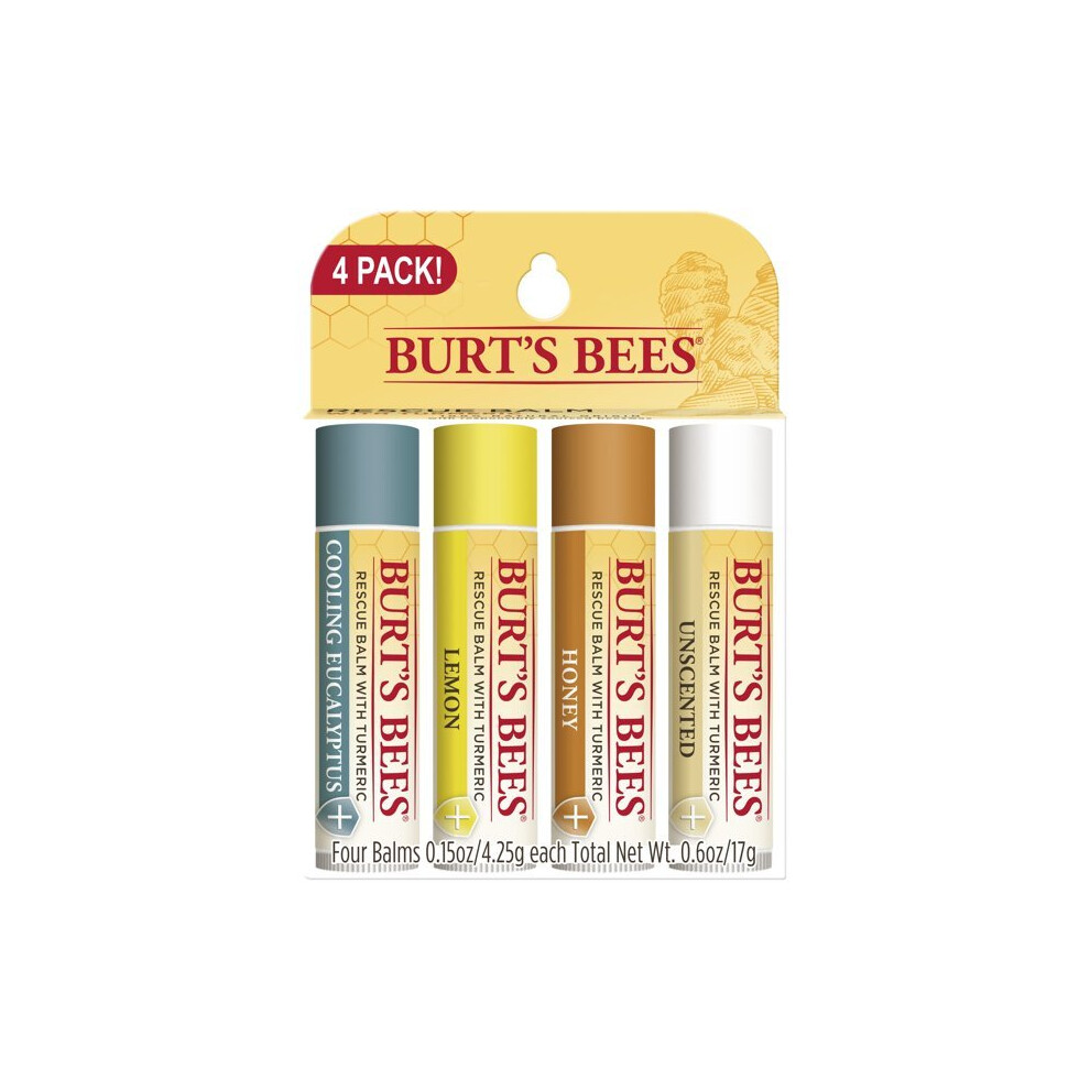 Burt's Bees 100% Natural Rescue Lip Balm, Cooling Eucalyptus, Lemon, Honey, Unscented, 4 Tubes