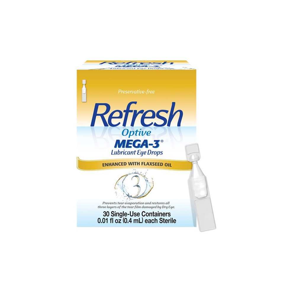 Refresh Optive Mega-3 Lubricant Eye Drops Non-Preserved Tears, 30 Single-Use Containers, 0.01 fl oz (0.4 mL)