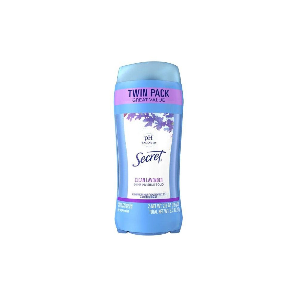 Secret Invisible Solid Antiperspirant Deodorant, Clean Lavender, Twin Pack, 2.6 Oz Each