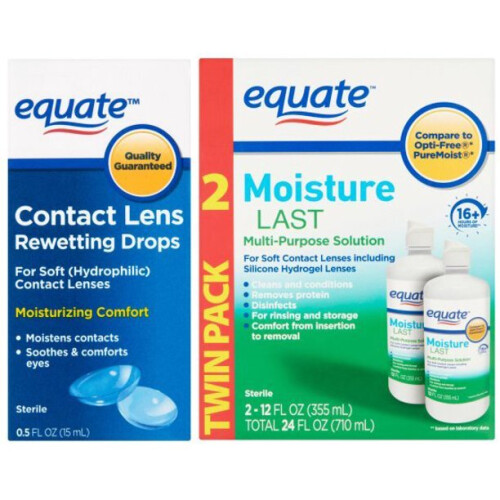 Equate Moisture Last Multi-Purpose Contact Lense Solution Twin Pack / Contact Lens Rewetting Drops Bundle