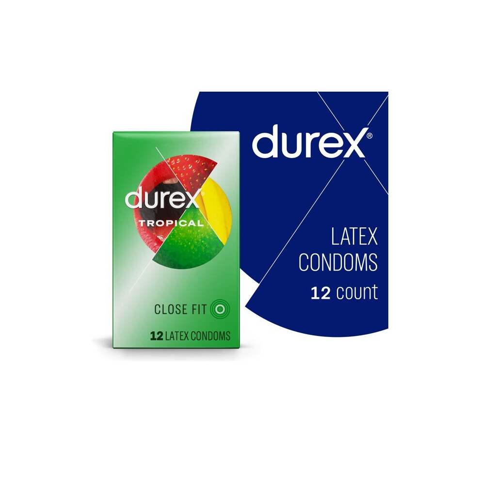 Durex Tropical Condoms, Natural Rubber Latex Condoms for Men, FSA & HSA Eligible, Exciting Flavors, 12 Count