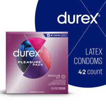Durex Pleasure Pack Assorted Condoms, Exciting Mix of Sensation and Stimulation, Natural Rubber Latex Condoms for Men, FSA & HSA Eligible, 42 Count