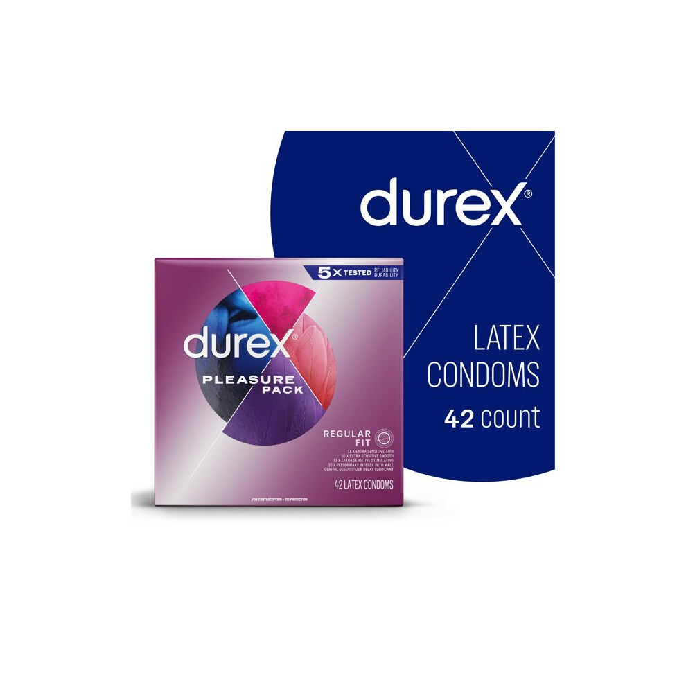 Durex Pleasure Pack Assorted Condoms, Exciting Mix of Sensation and Stimulation, Natural Rubber Latex Condoms for Men, FSA & HSA Eligible, 42 Count