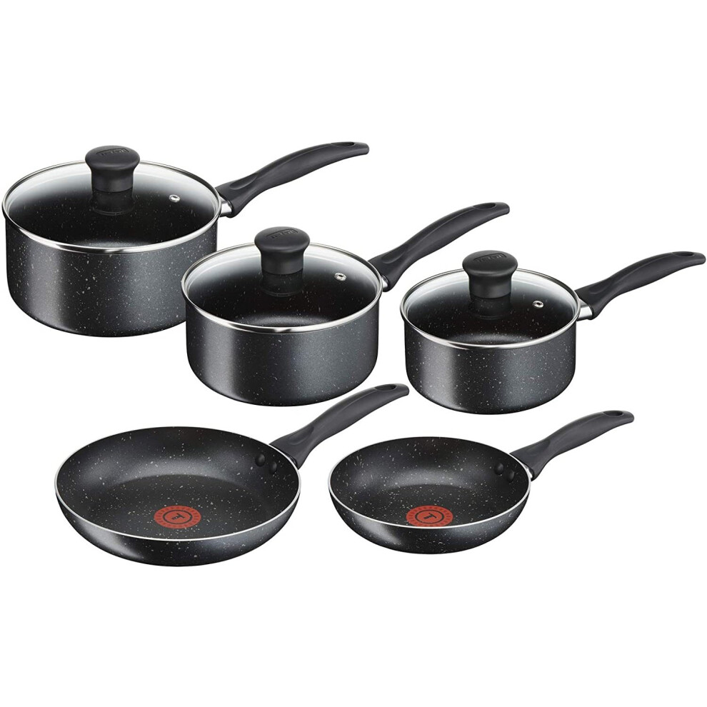 Tefal B190S544 Origins 5 Piece Stone Pots and Pans set, Black, 20 & 24CM Frying Pans, 16 & 18 & 20CM Saucepans with Lids