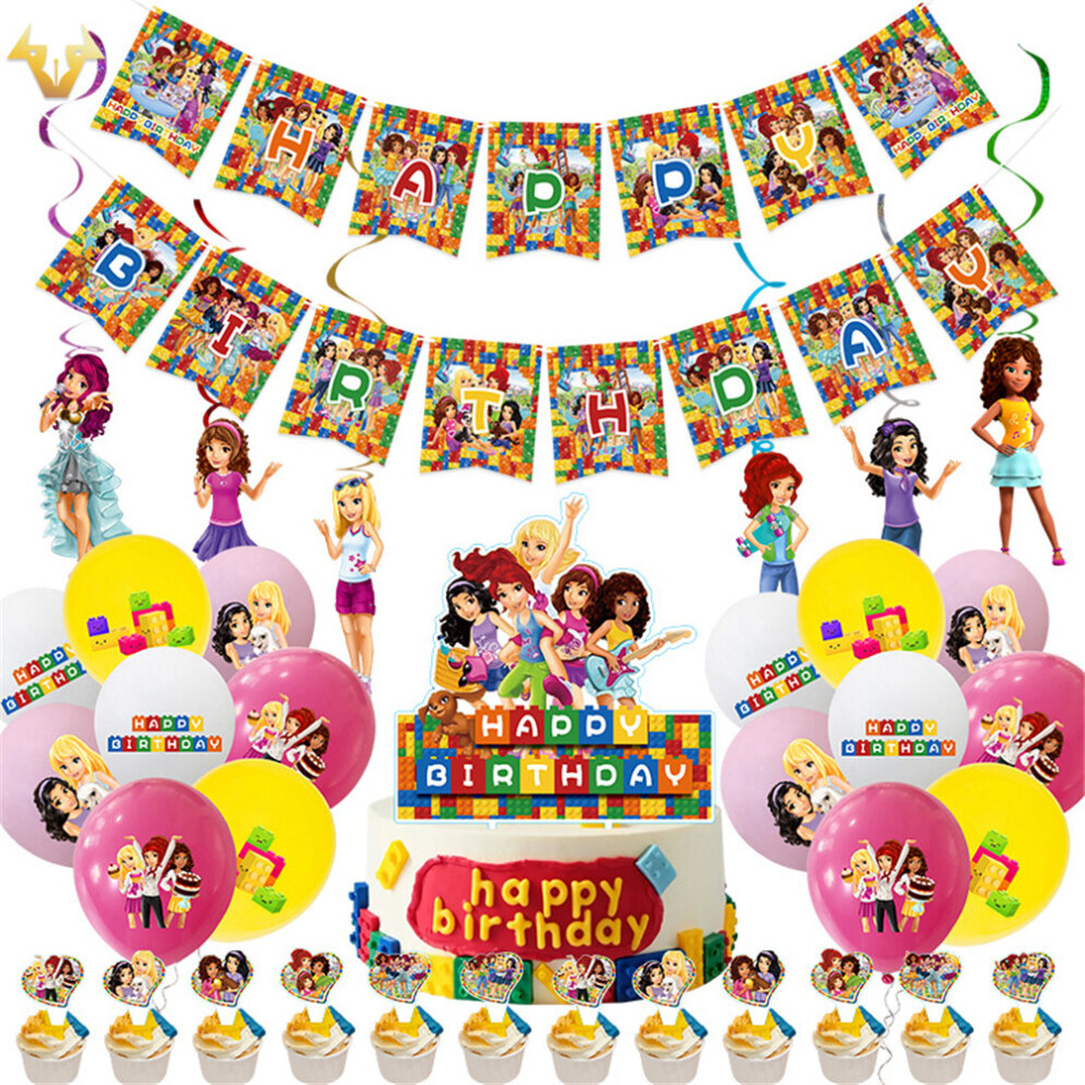 LEGO Friends Theme - Happy Birthday Party Decoration Set, Banner Balloons Cake Topper