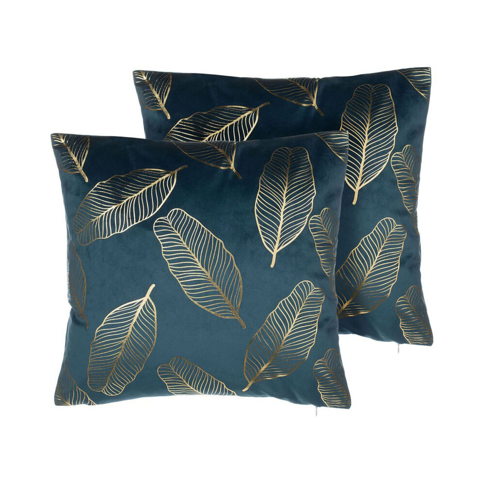 Set of 2 Velvet Cushions Leaf Pattern 45 x 45 cm Teal Blue FREESIA