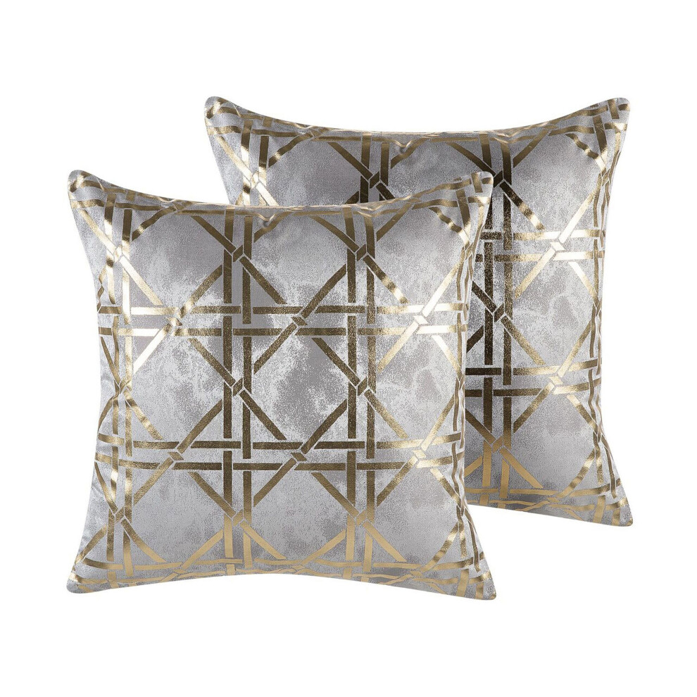 Set of 2 Cushions Geometric Pattern 45 x 45 cm Grey with Gold CASSIA