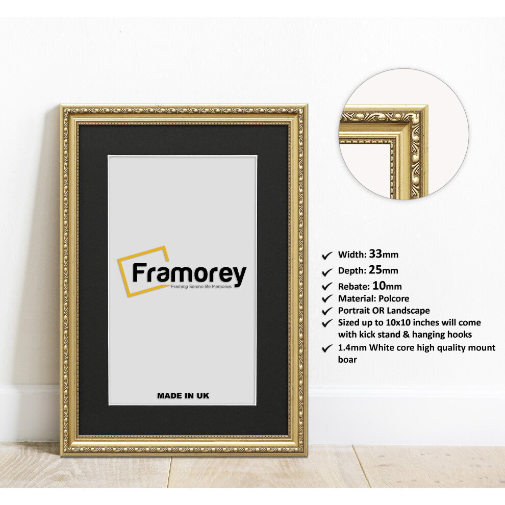 (8x6" Pic (10x8" Frame)) Shabby Chic Gold Photo Frames Wall Art Picture Frame Handmade Poster Frame Home Decor Frames With Black Mount