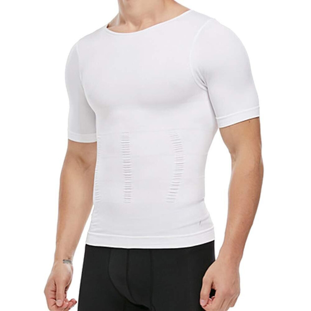 (White, 2XL) Men Body Shaper Compression Shirt Slimming Tops Abdominal Shapewear Workout T Shirt