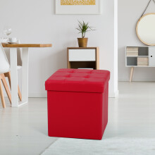 (Small, Red) Single Double Ottoman Foldable Storage Box Footstool Seat Faux Leather