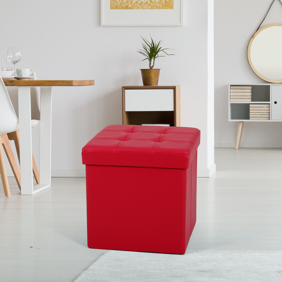 (Small, Red) Single Double Ottoman Foldable Storage Box Footstool Seat Faux Leather