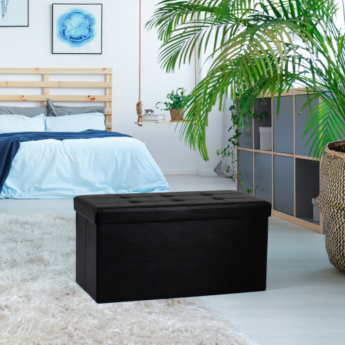 (Large, Black) Single Double Ottoman Foldable Storage Box Footstool Seat Faux Leather
