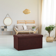 (Large, Brown) Single Double Ottoman Foldable Storage Box Footstool Seat Faux Leather