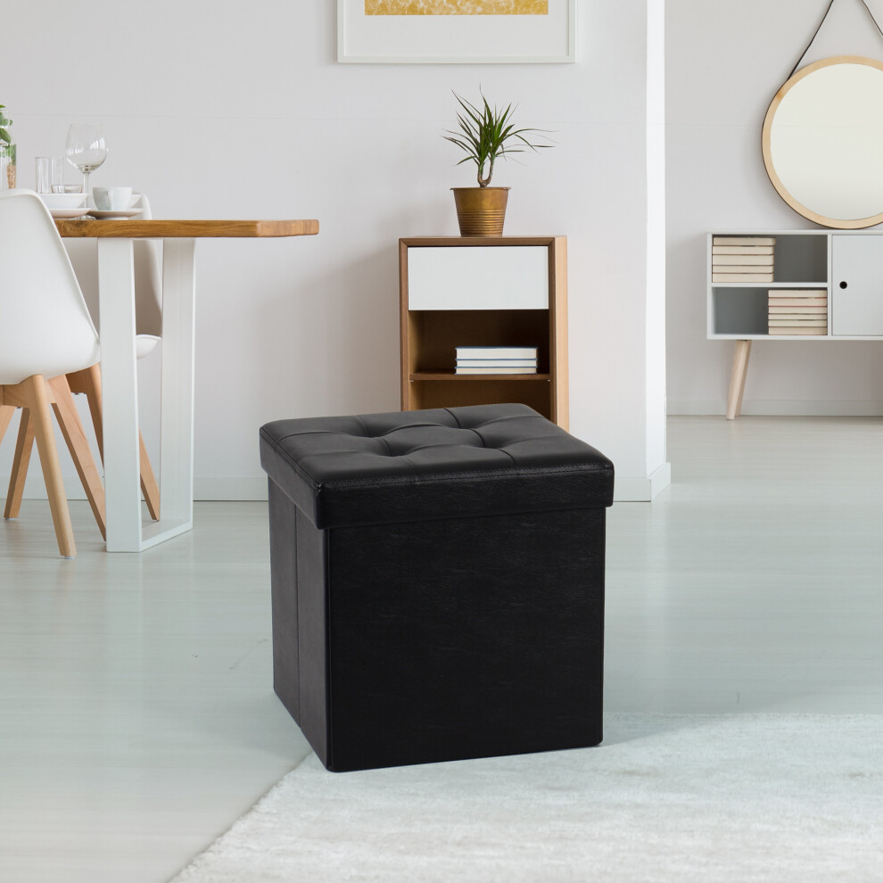 (Small, Black) Single Double Ottoman Foldable Storage Box Footstool Seat Faux Leather