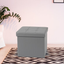 (Small, Silver) Single Double Ottoman Foldable Storage Box Footstool Seat Faux Leather