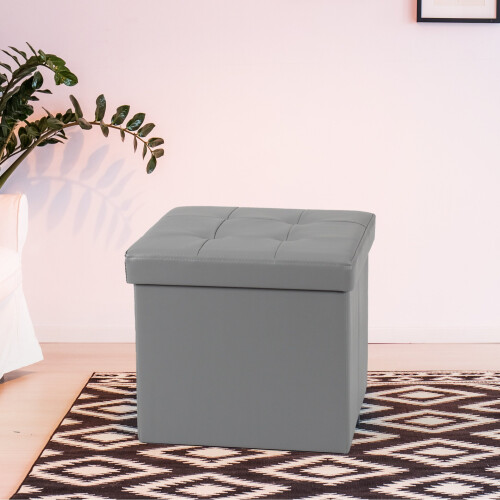 (Small, Silver) Single Double Ottoman Foldable Storage Box Footstool Seat Faux Leather