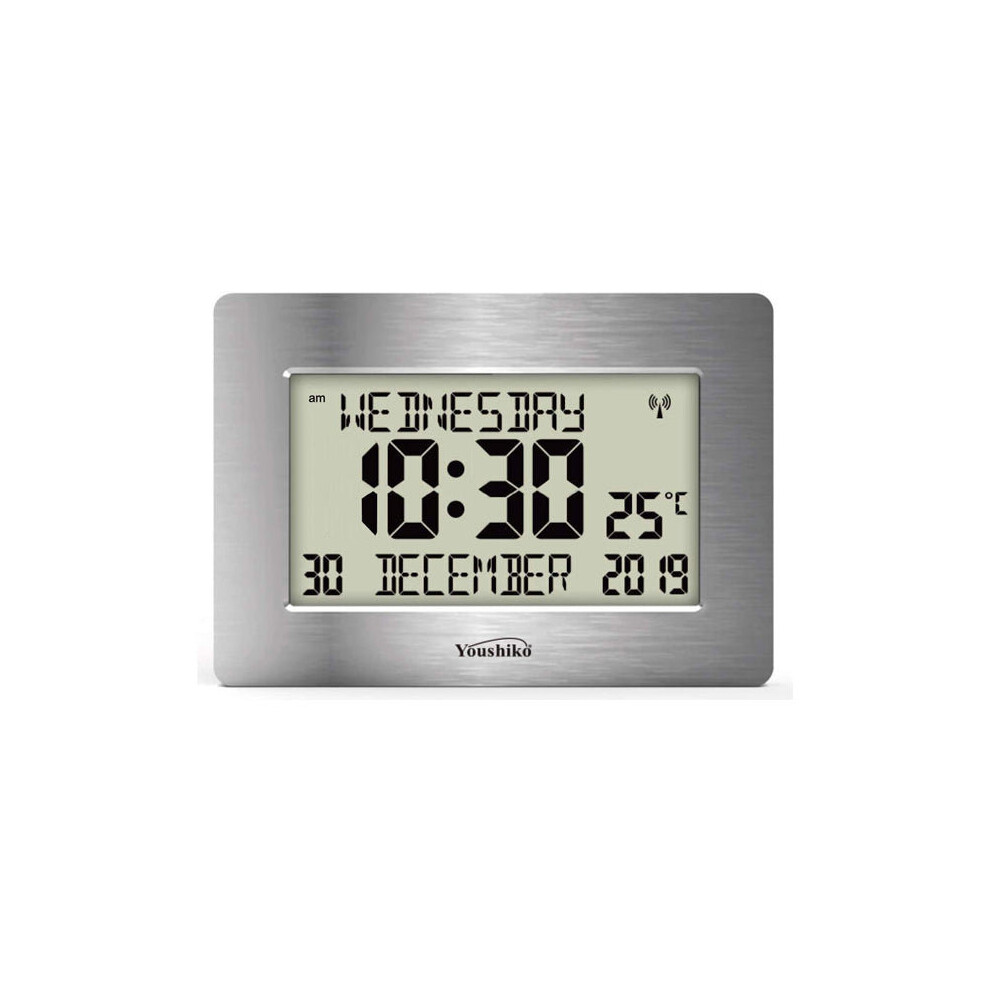 Youshiko Radio Controlled Silent Large Lcd Wall Clock (Offical Uk Version) Auto Set Up With Day Date Month Helpful For Dementia & Alzheimer Sufferers