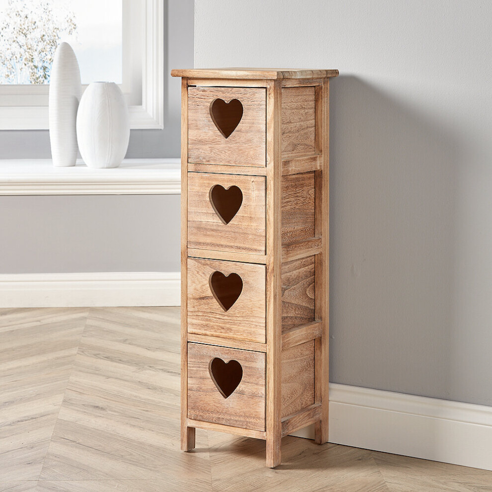 Natural Wooden 4 Drawer Chest Storage Unit Bedroom Organiser Bedside Love Hearts