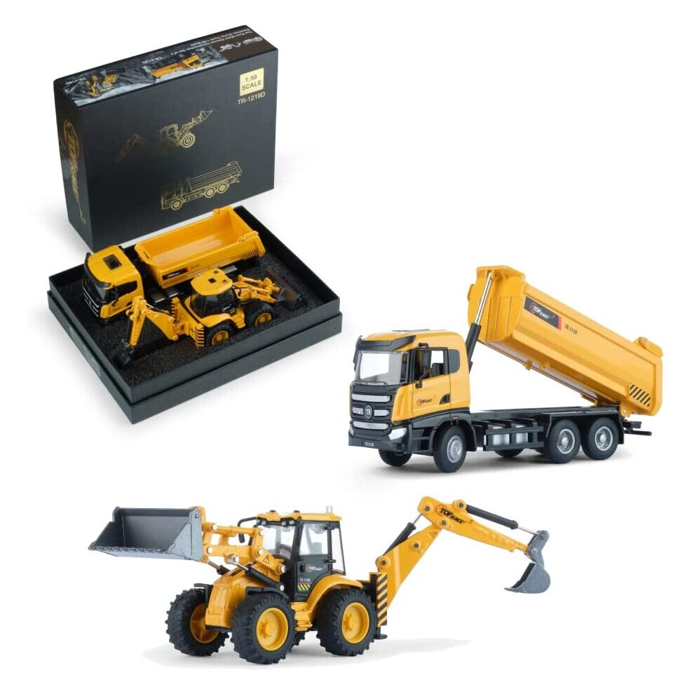 Top Race Metal Construction Diecast Dump Truck and Backhoe Loader Tractor Toy Set of 2 - Realistic Model Toys for Collection or...