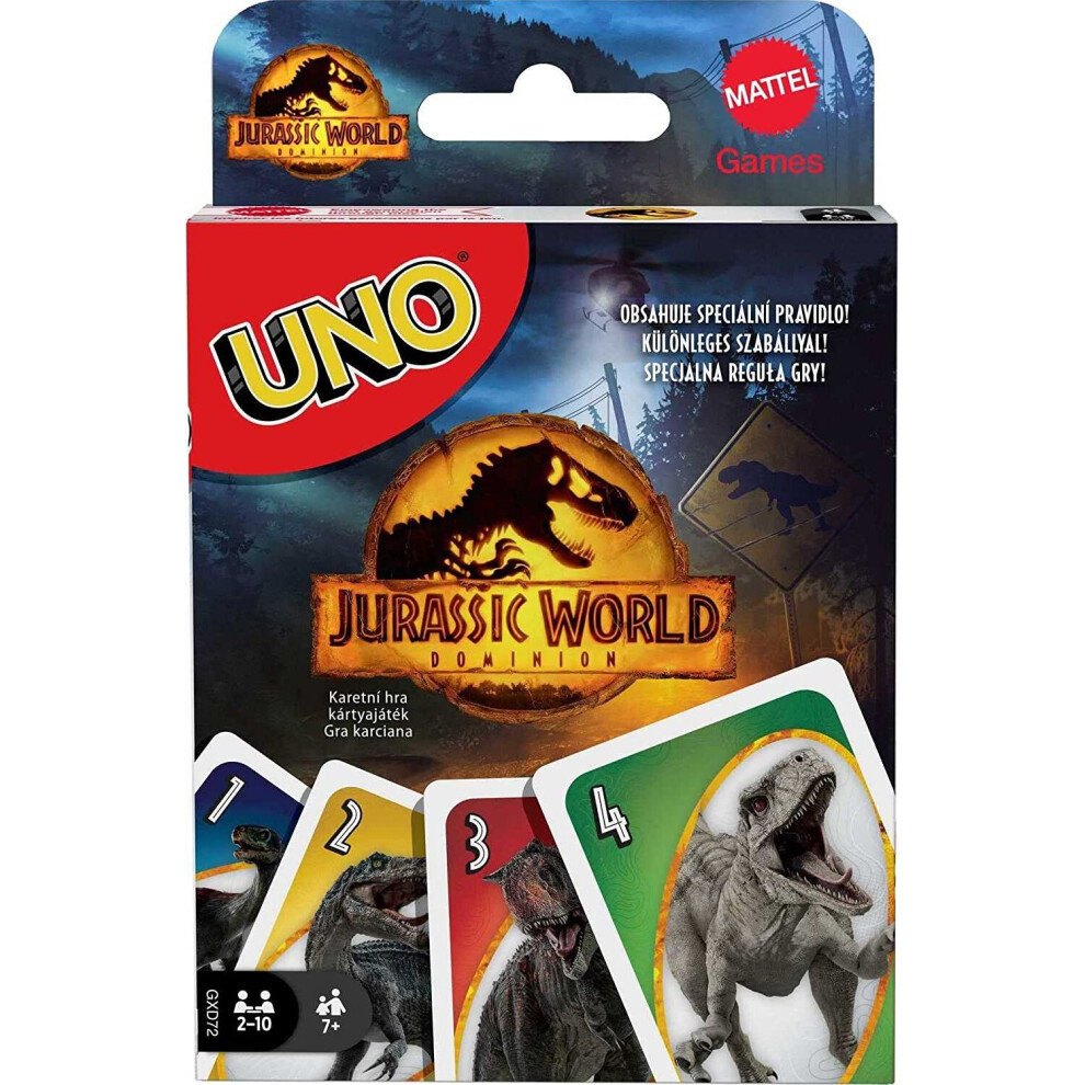 Mattel Uno Jurassic World Dominion Card Game (Hj8u) - Dino-Themed Uno With Run! Rule For 2-10 Players, Ages 7+