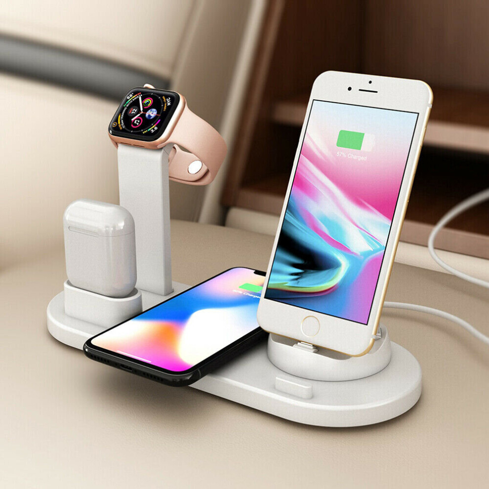 (White) Qi Wireless Charger 4 in1 Charging Dock Station for AirPods Apple iWatch iPhone