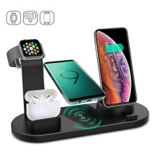 (Black) Qi Wireless Charger 4 in1 Charging Dock Station for AirPods Apple iWatch iPhone