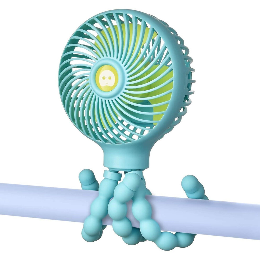(Blue) Mini Handheld Baby Stroller Fan Rechargeable Octopus Cooling Stand Fan Blue