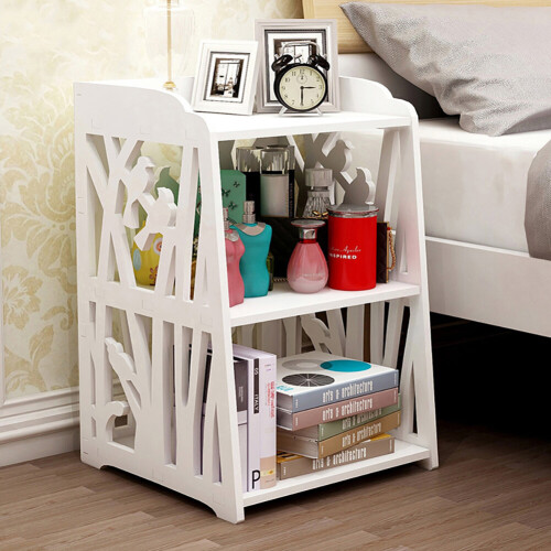 Rustic Small White Bedside Table with 3-Tier Open Shelves and Elegant Carved Panels (Compact Nightstand)