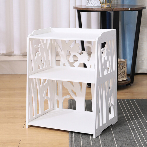 Living And Home Rustic Small White Bedside Table with 3-Tier Open Shelves and Elegant Carved Panels (Compact Nightstand) 1