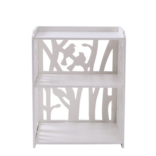 Living And Home Rustic Small White Bedside Table with 3-Tier Open Shelves and Elegant Carved Panels (Compact Nightstand) 2