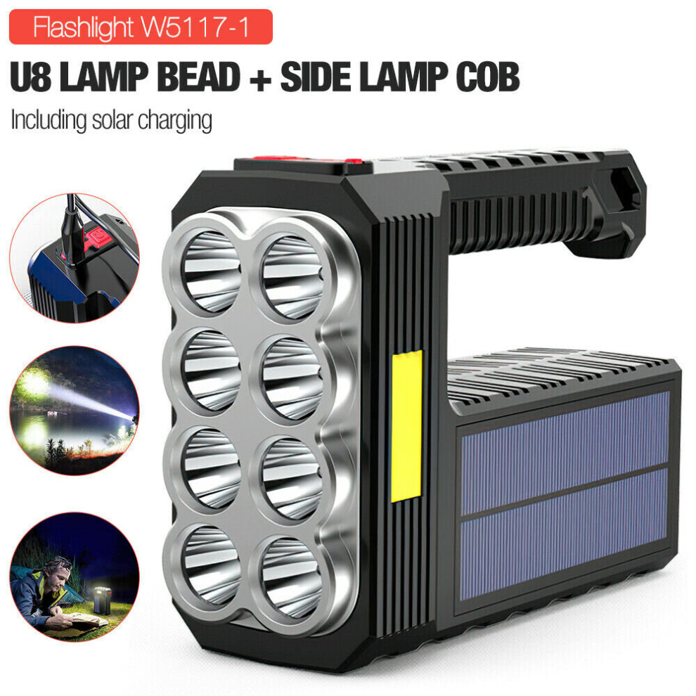 Solar LED Torch, USB Rechargeable COB Camping Hiking Lamp Bright Light